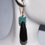 Long Black Onyx And Blue Chalcedony Chips Earrings