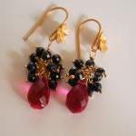 Aaa Pink Quartz And Black Spinel Dangle Earrings