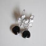 Bezel Setting Glass Black Drop Dangle Earrings