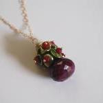 Ruby Necklace With Green Keishi Pearl And Gold..