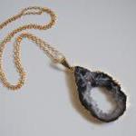 Druzy Agate Geode Slice Pendant Necklace In Gold