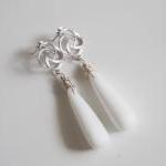 Milky White Long Drop Smooth Briolette Earrings-..