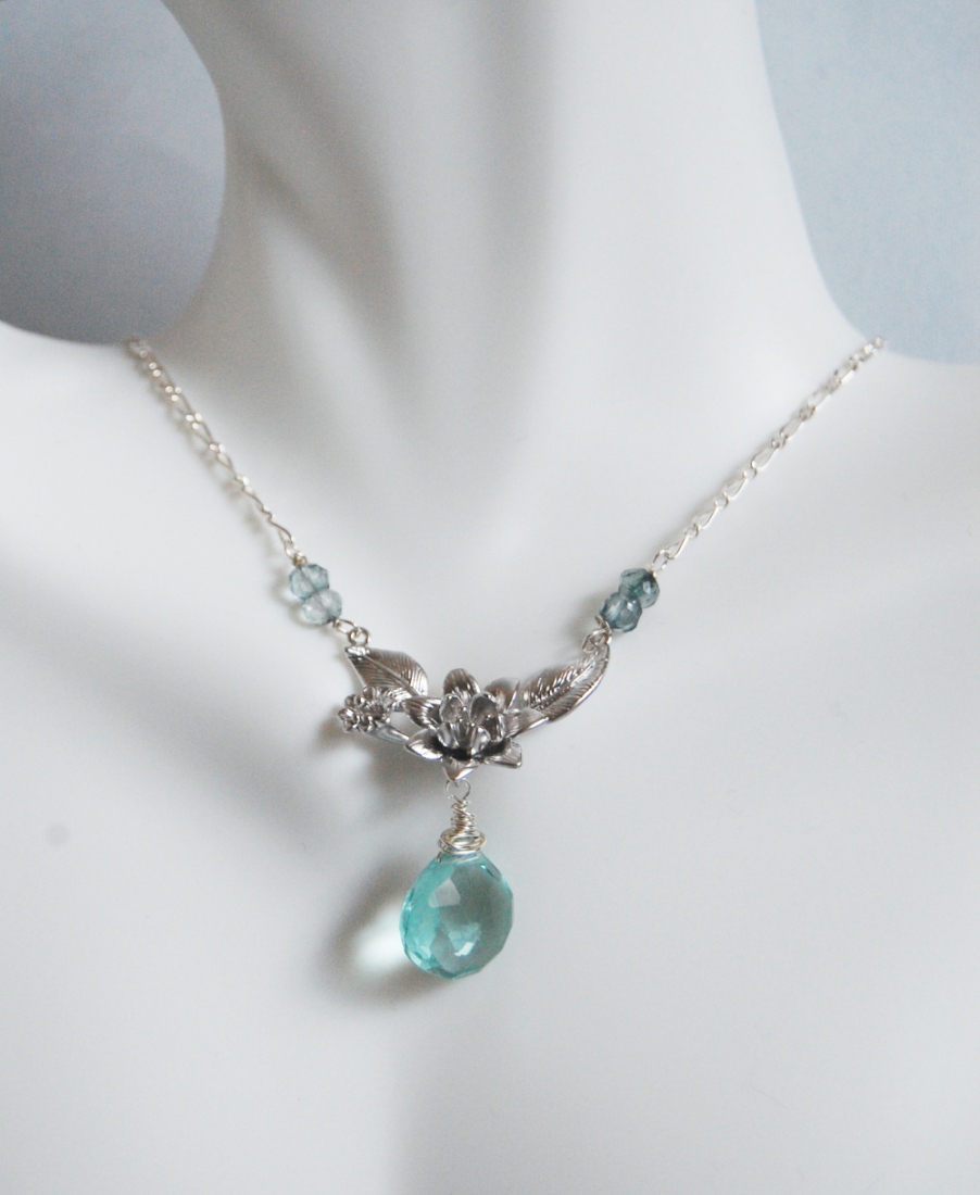 Sage Green Quartz And Mystic Teal Blue Quartz Flower Pendant Necklace
