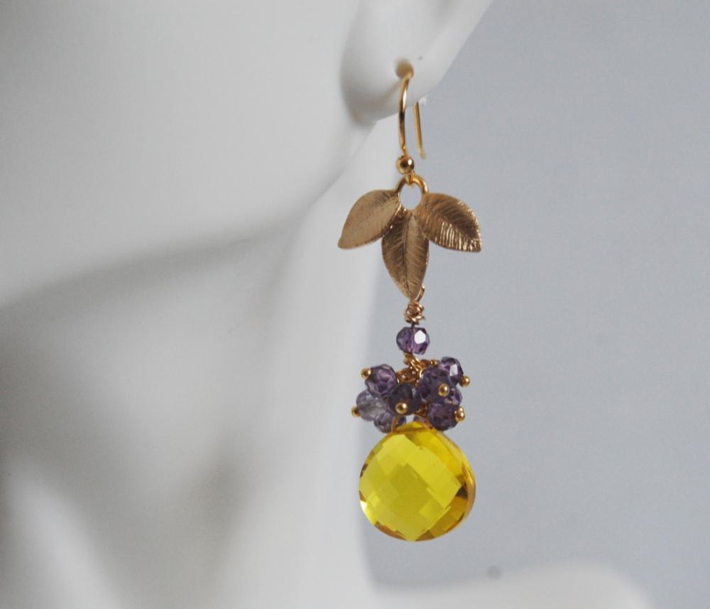 Gorgeous Yellow Quartz And Shades Amethyst Dangle Earrings