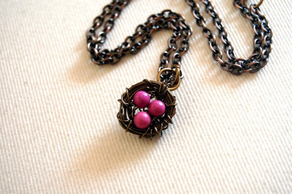 Bird Nest Necklace With Pink Turqouise