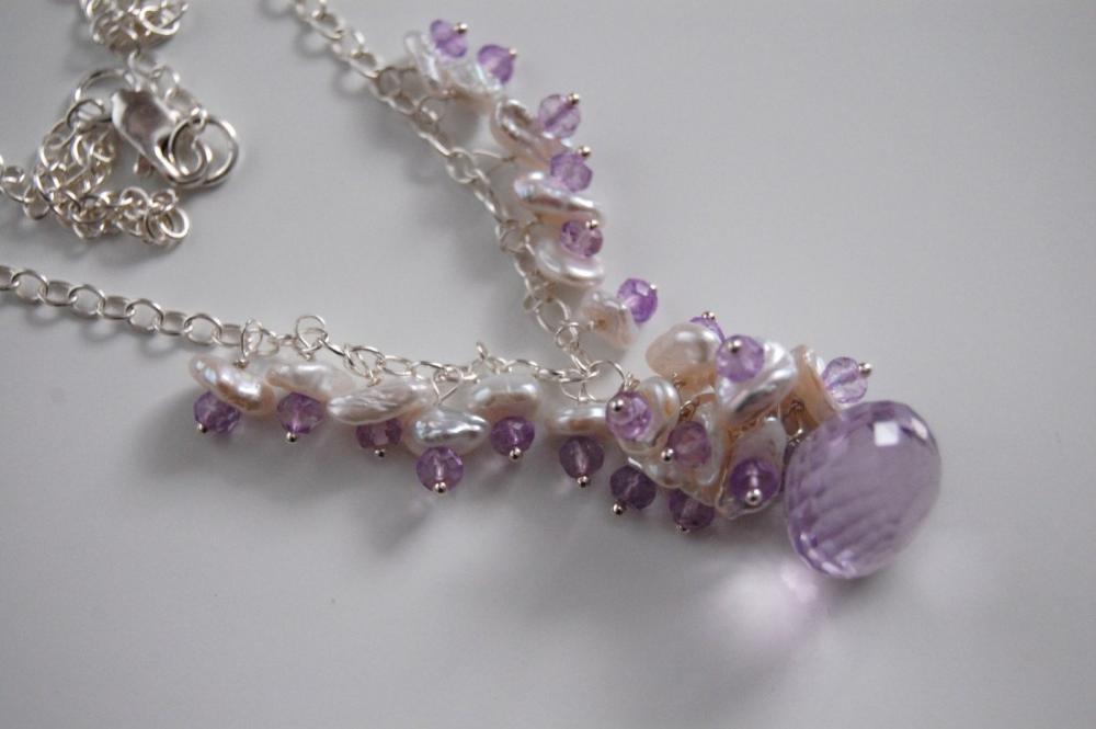 Pink Amethyst Onion Briolette,keishi Pearl And Zircon Necklace.