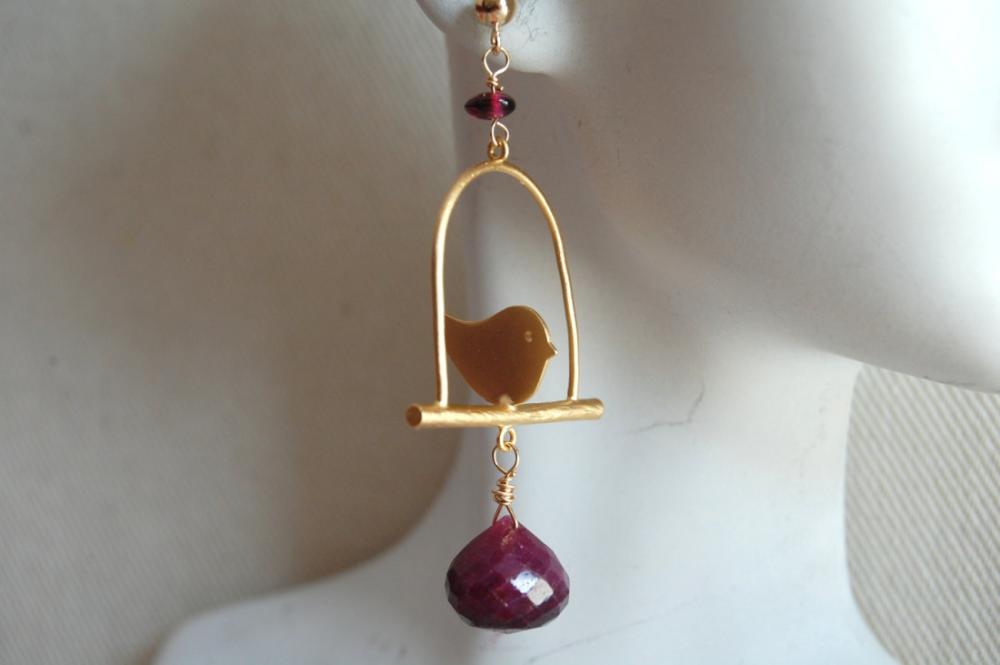 Ruby And Garnet Earrings With Bird Cage