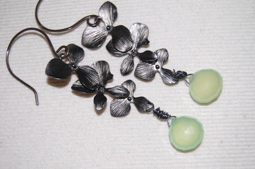 Neon Lime Green Chalcedony And Flower Charm Earrings