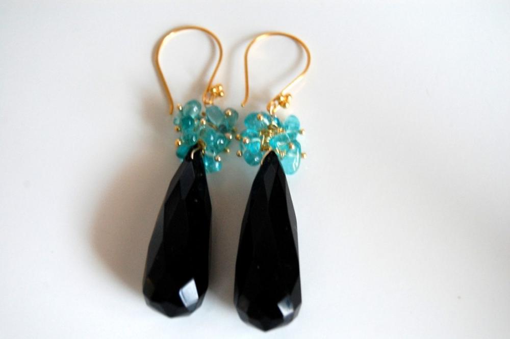Long Black Onyx And Blue Chalcedony Chips Earrings