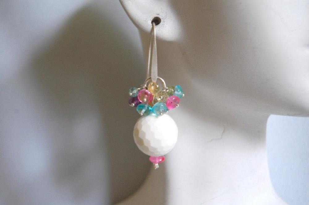 Genuine White Onyx And Multi Color Clusters Earrings