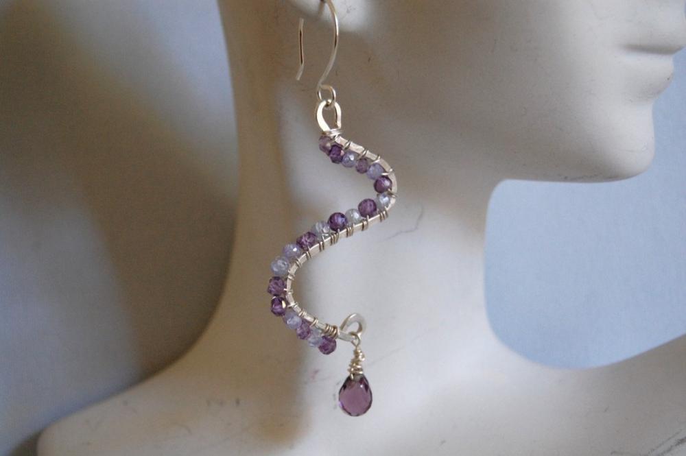 Shaded Purple Natural Zircon , Crystal Briolette And Hand-forged Earrings