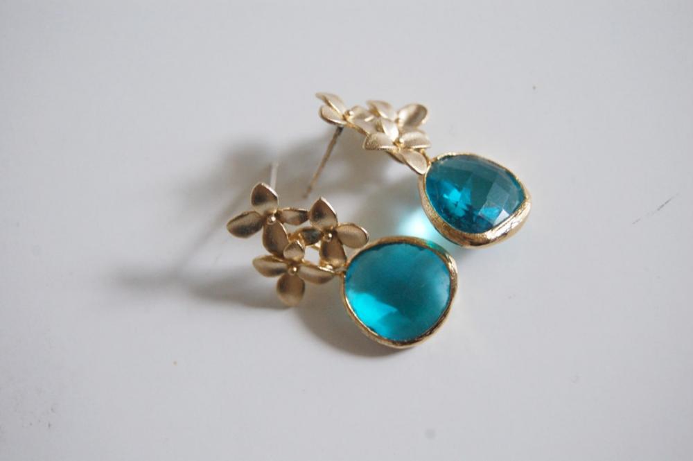 Glass Blue Zircon, Gold Bezel Setting Dangle Earrings
