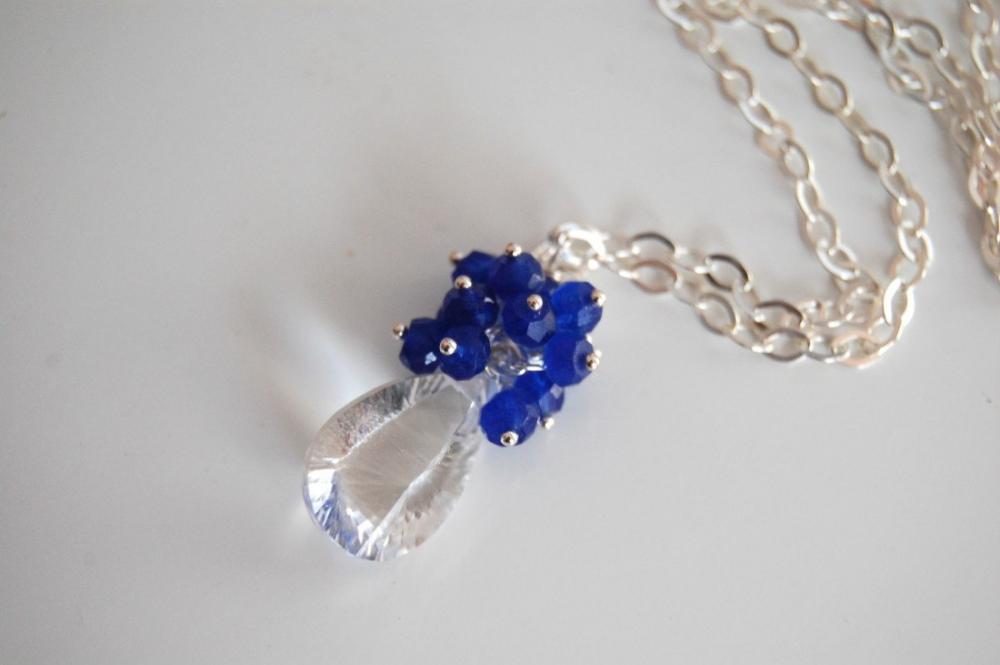 Rock Crystal Concave Cut Necklace With Ink Blue Jade