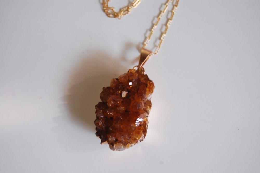 Citrine Druzy Geode Crystal Cluster Gold Pendant On Gold Filled Chain