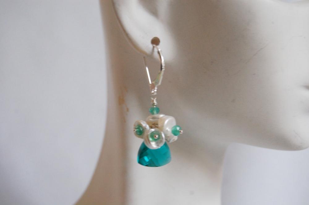 Paraiba Blue Quartz Earrings With Keishi Pearls And Green Onyx