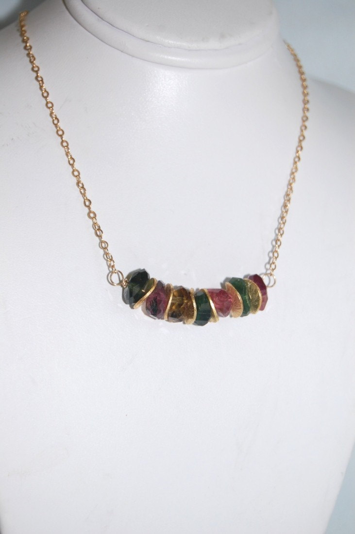 Multi tourmaline nugget and vermeil wavy disc necklace