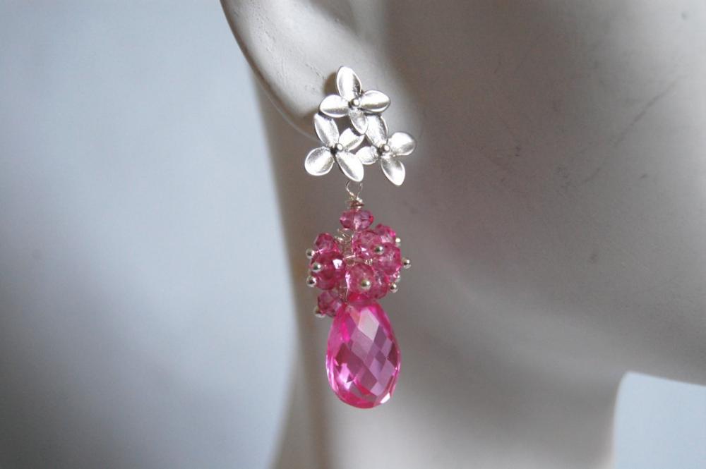 Aaa Pink Quartz Briolette And Mystic Rubelite Dangle Earrings