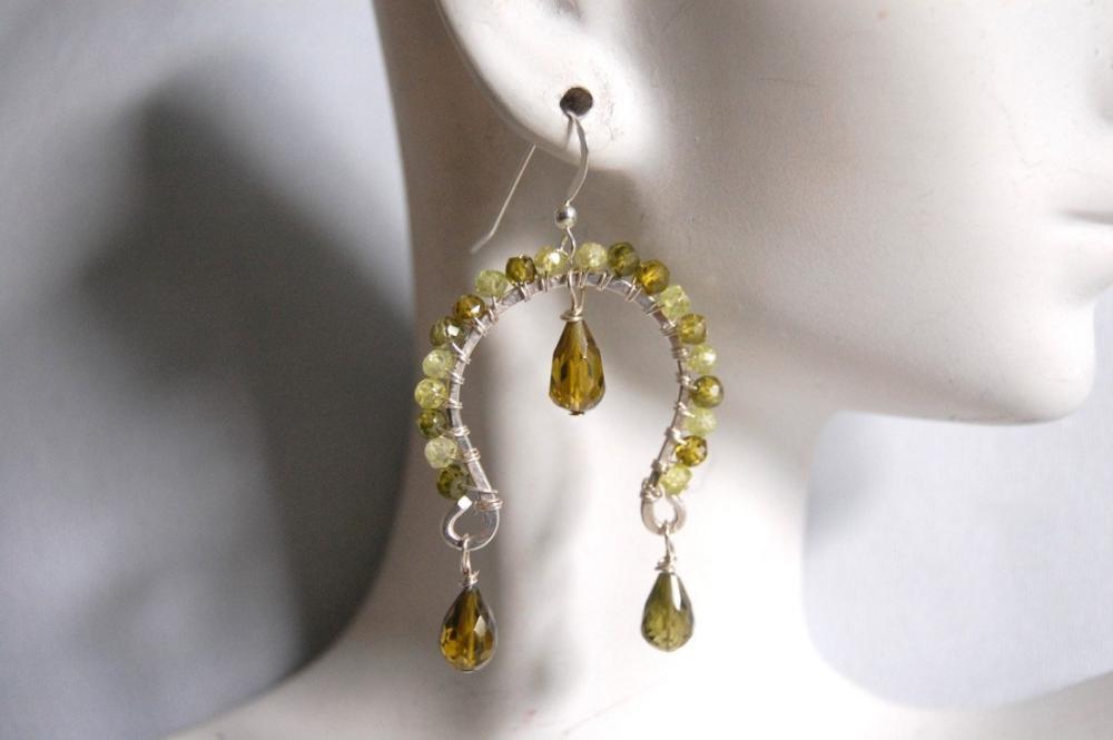 Green Shaded Zircon And Olive Green Crystal Quartz Dangle Earrings