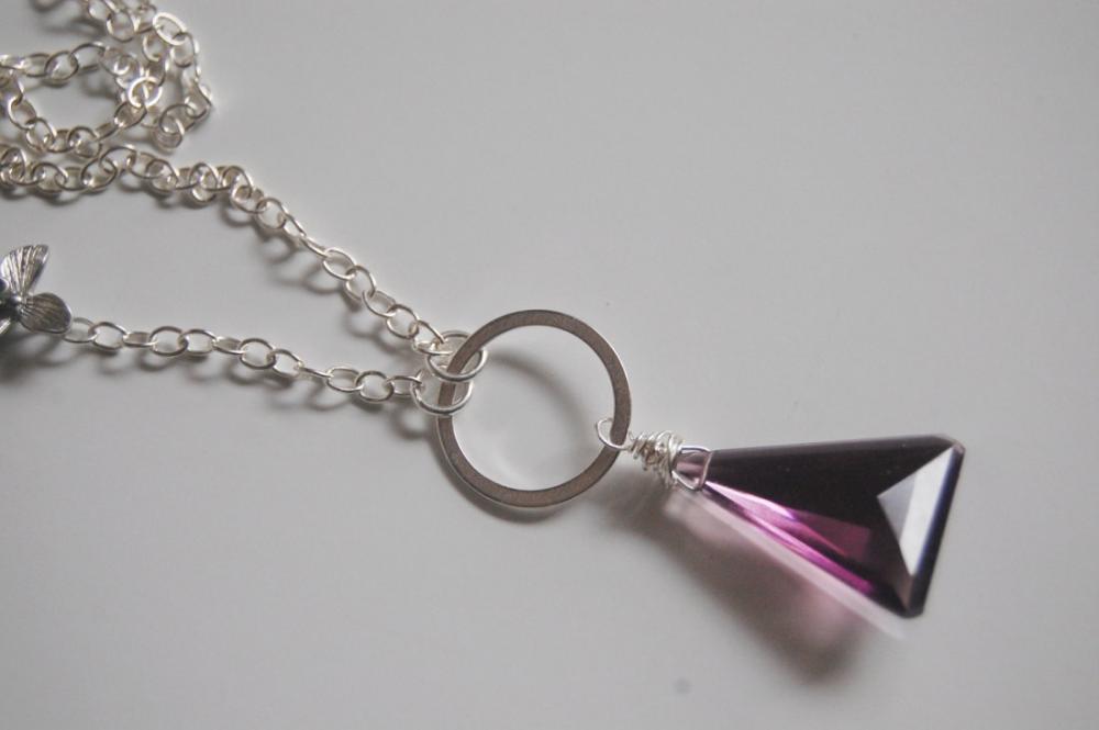 Triangle Amethyst Necklace With Flower Charm And Sterling Silver