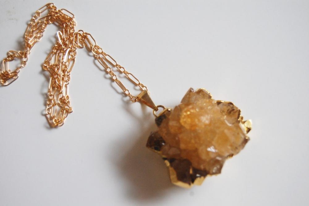 Citrine Druzy Geode Crystal Cluster Gold Pendant Necklace