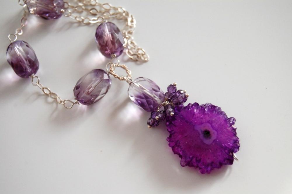 Beautiful Purple Stalactite Slice And Amethyst Necklace