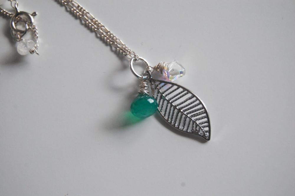 Emerald Green Quartz, Swarovski Crystal And Leaf Necklace With Sterling Silver Chain
