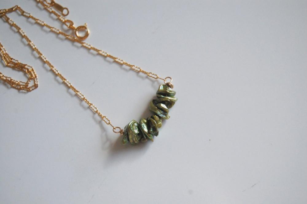 Green Keishi Pearl Necklace With Gold Filled Chain