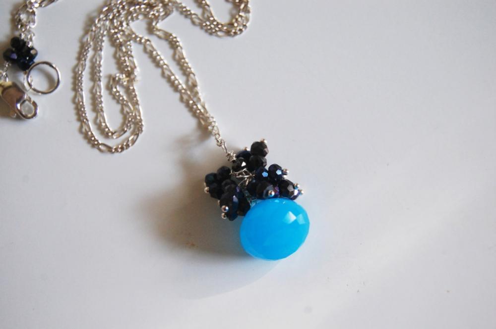 Ocean Blue Chalcedony, Mystic Blue Black Spinel necklace on sterling silver