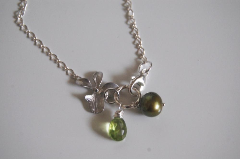 Sterling Silver Bracelet With Peridot, Pearl And Charm