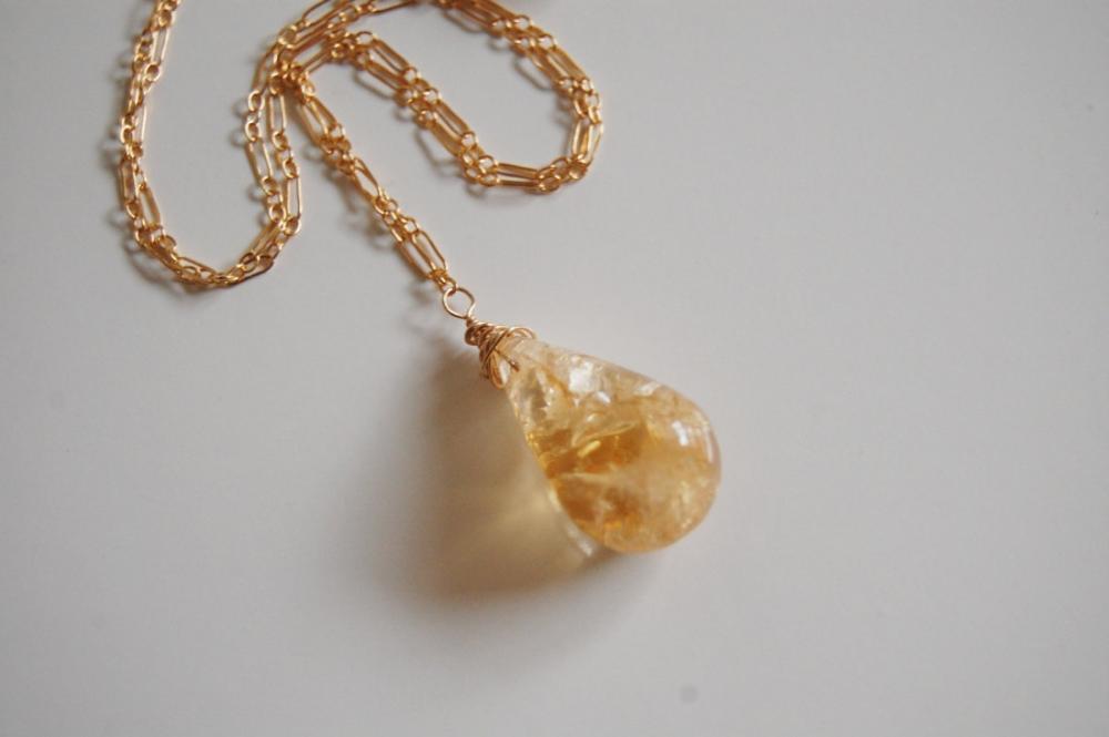 Golden Rutilated Citrine Pendant Necklace On Gold Filled Chain