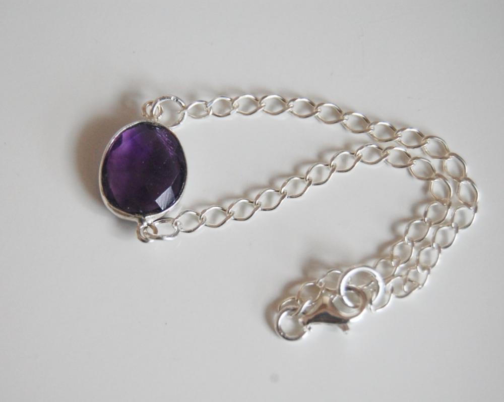 Dark Purple Amethyst Bezel Setting Bracelet With Sterling Silver Chain