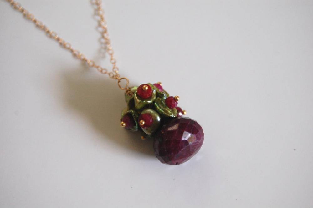 Ruby Necklace With Green Keishi Pearl And Gold Filled