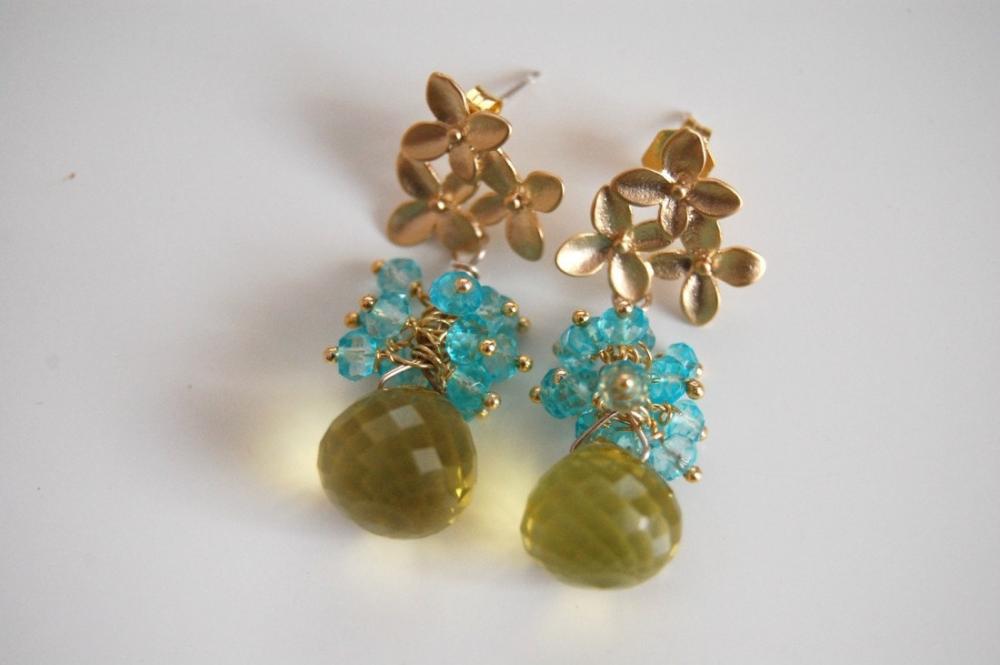 Aaa Green Lemon Quartz And Sky Blue Quartz Earrings