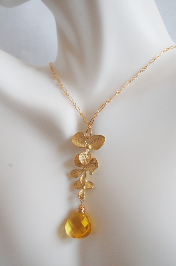 Gorgeous Lemon Quartz Heart Briolette And Orchid Flower Charm Necklace
