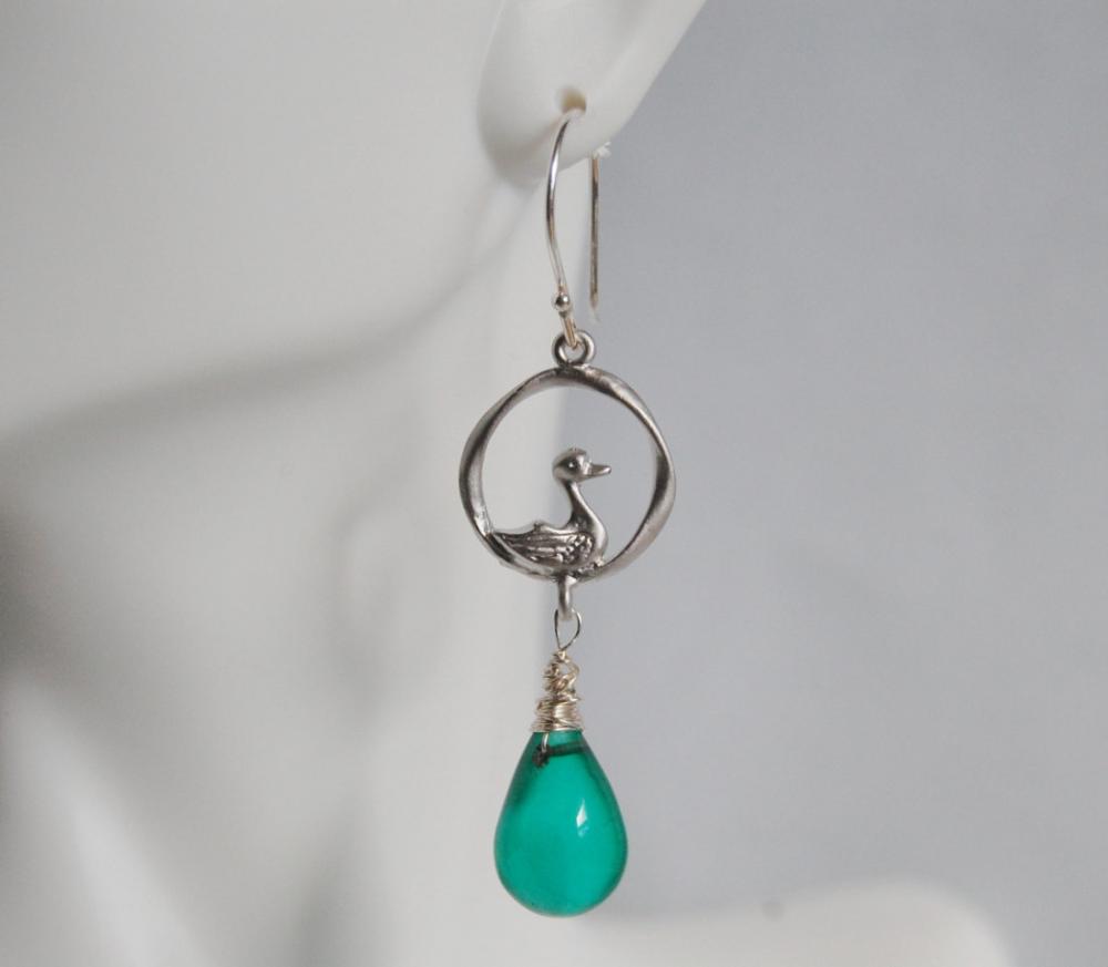 Emerald Green Quartz And Duck Connector Dangle Earrings