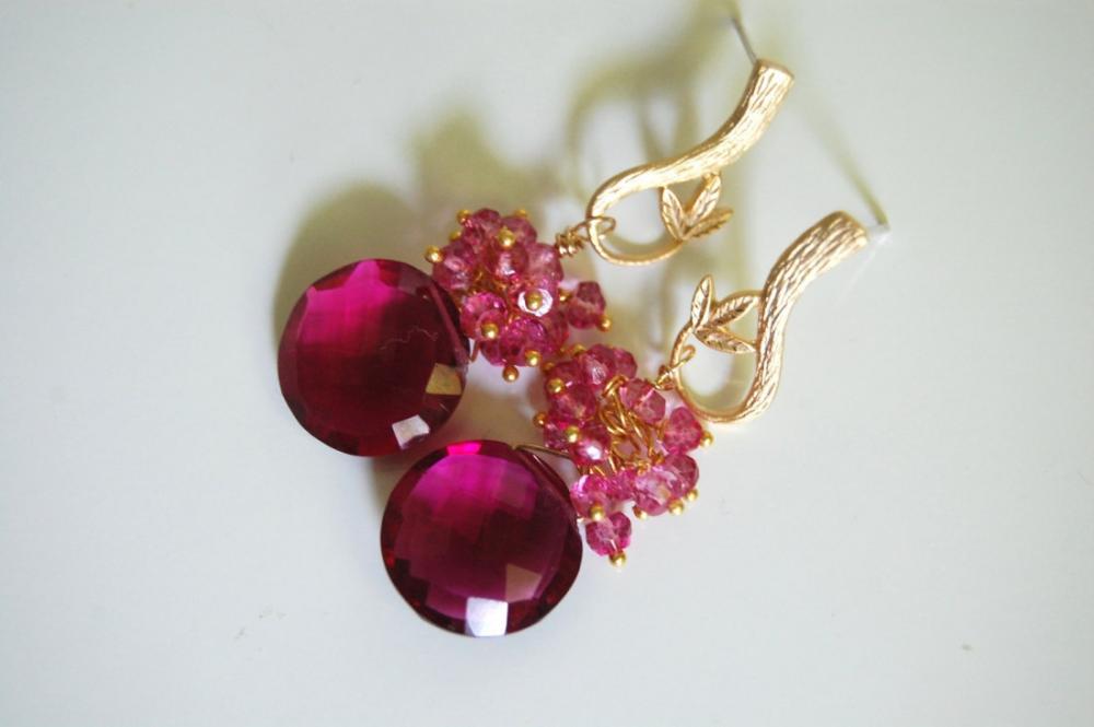 Gorgeous Pomegranate Pink Quartz And Mystic Rubelite Earrings