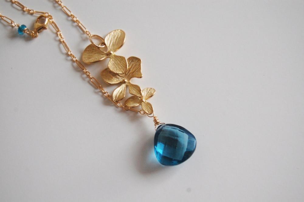 London Blue Quartz And Orchid Charm Necklace With Gold Filled Chain.