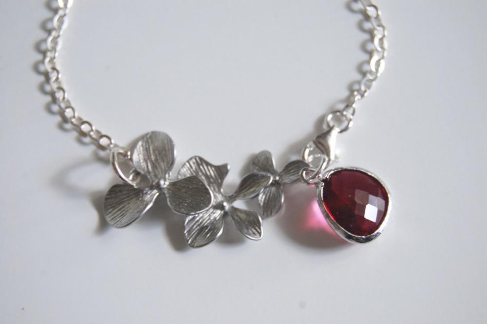 Bezel Setting Fuchsia On Sterling Silver Chain And Orchid Charm Bracelet