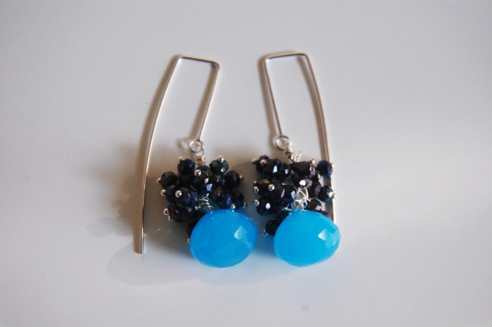 Ocean Blue Chalcedony, Mystic Blue Black Spinel long drop earrings