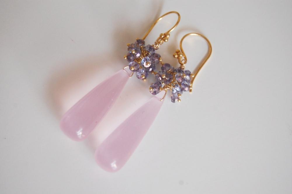 Baby Pink Quartz And Iolite Long Drop Earrings