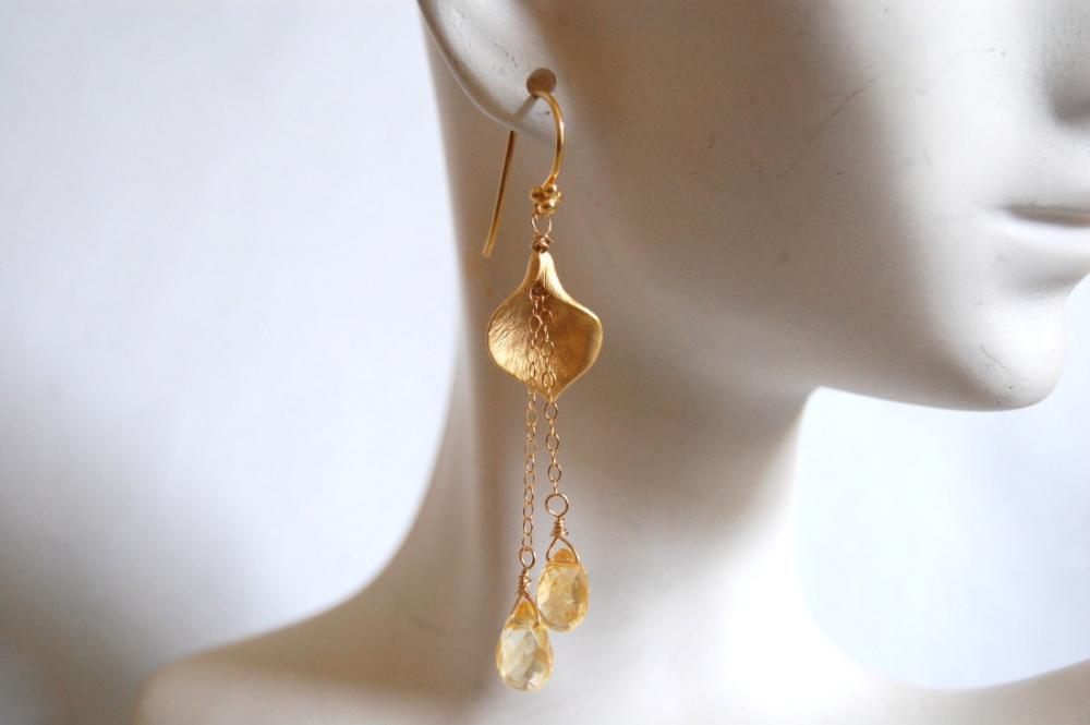 Citrine And Calla Lily Connector Long Drop Earrings