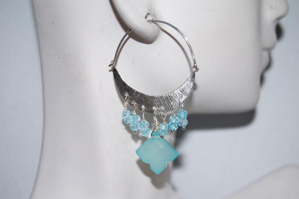 Beautiful Rare Square Chalcedony And Blue Zircon Chandelier Earrings